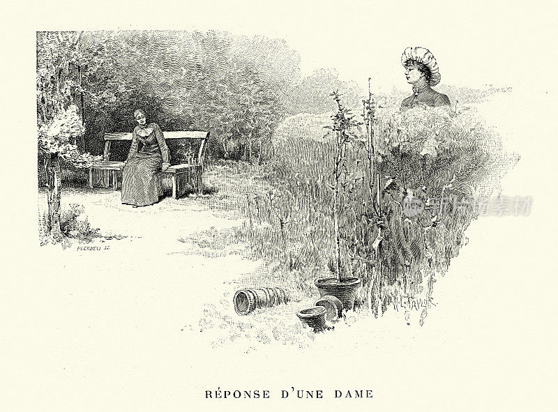 两个女人在花园交谈，十九世纪法国维多利亚时代，十九世纪，Réponse d'une dame